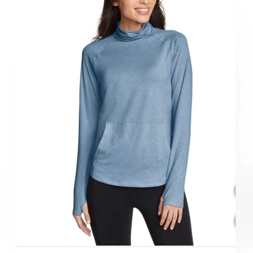 Eddie Bauer Active Funnel Neck Pullover Blue Large‎ L Thumbholes Performance Top